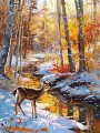 Original deer Painting winter forest wall art snow cover trees